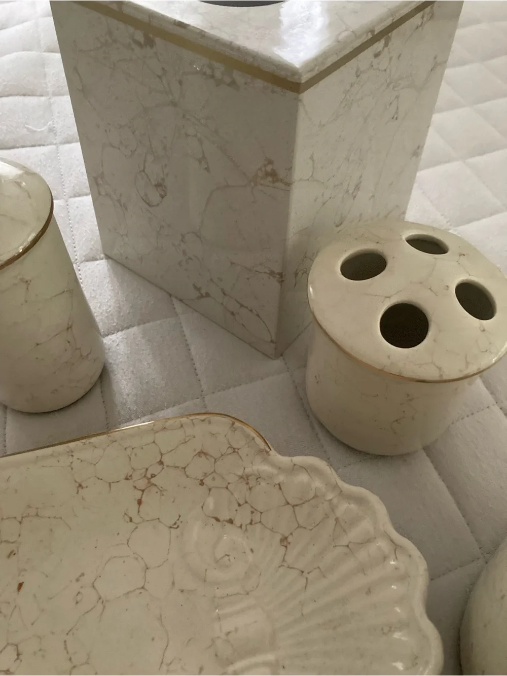Cream/Beige Marble Style Bathroom Ceramic Accessory Set - 7-Piece
